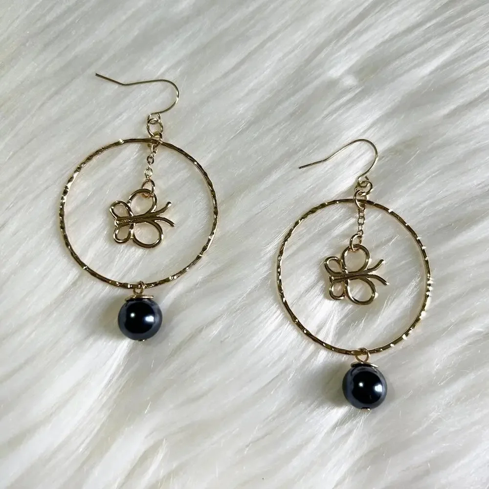 Gold Plated Butterfly Tahitian Pearl Floral Hawaiian Dangle Hoops Earrings - Picture 2 of 2